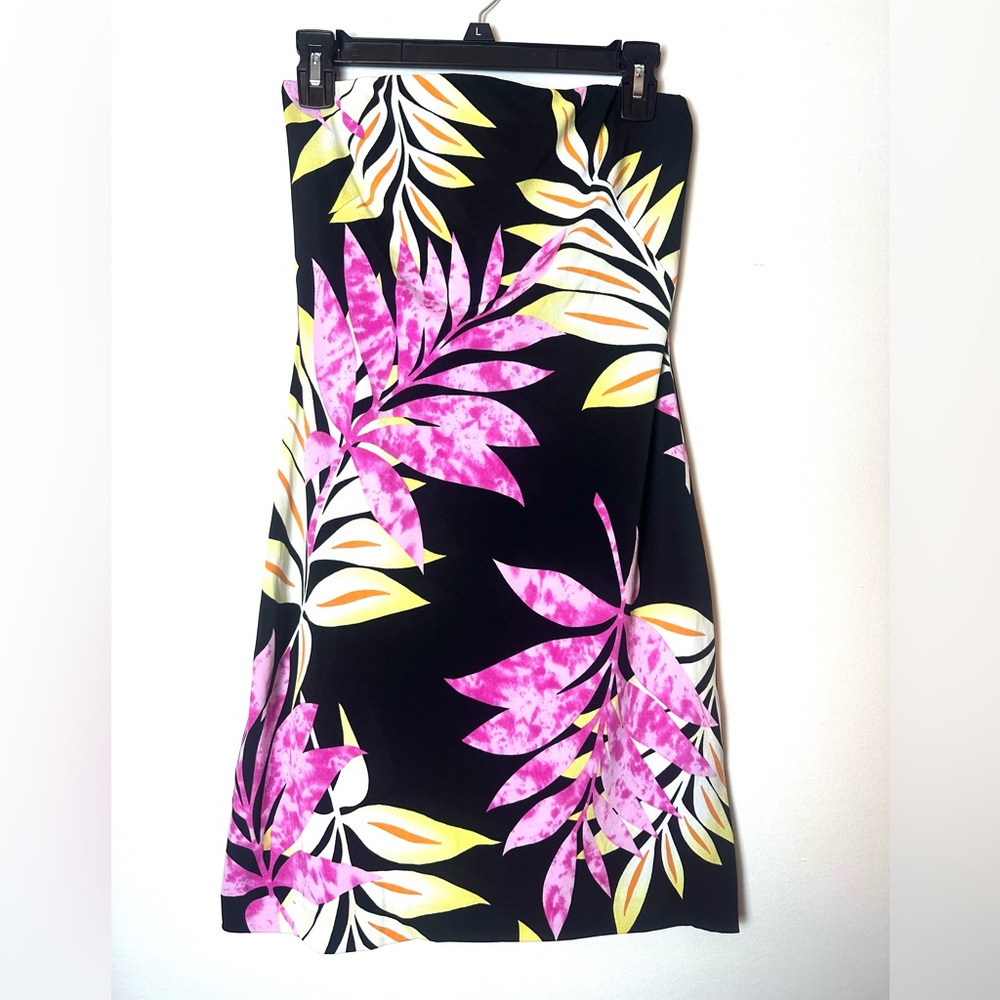 ❗️ Strapless mini dress pink and yellow tropical print size small vintage Cache